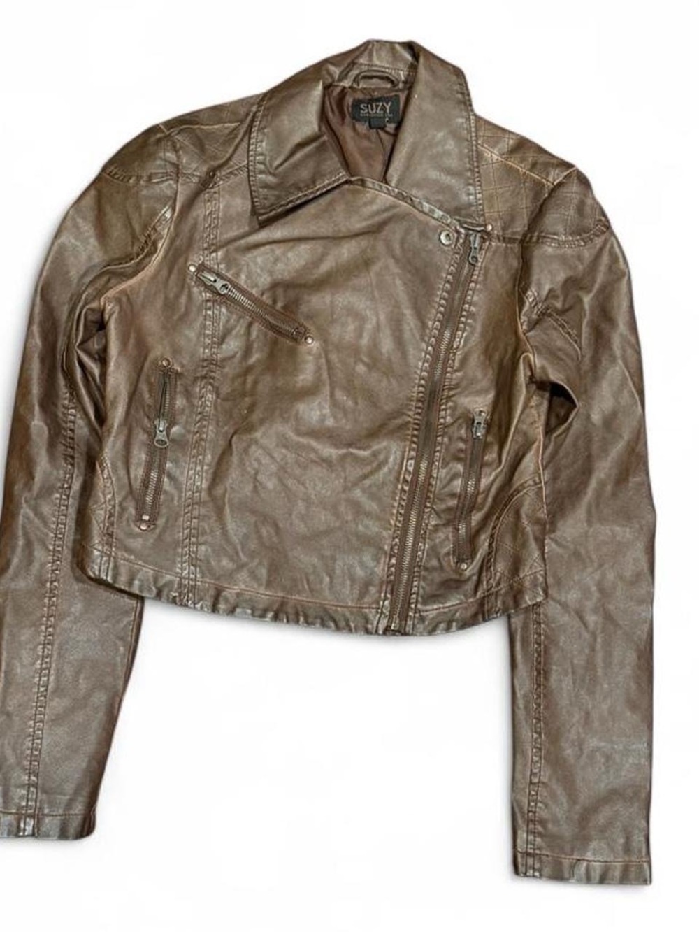 Vintage Suzy Faux Leather Moto Mock Neck Multi Pocket Brown Cropped Jacket